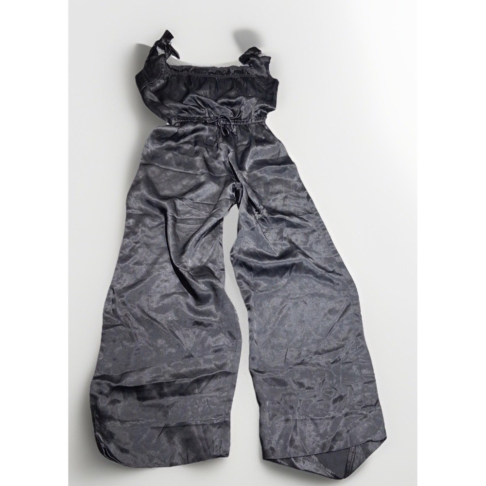Vintage Byer California Black Nylon Wide Leg Jumpsuit Tie Shoulder Ruffle Small